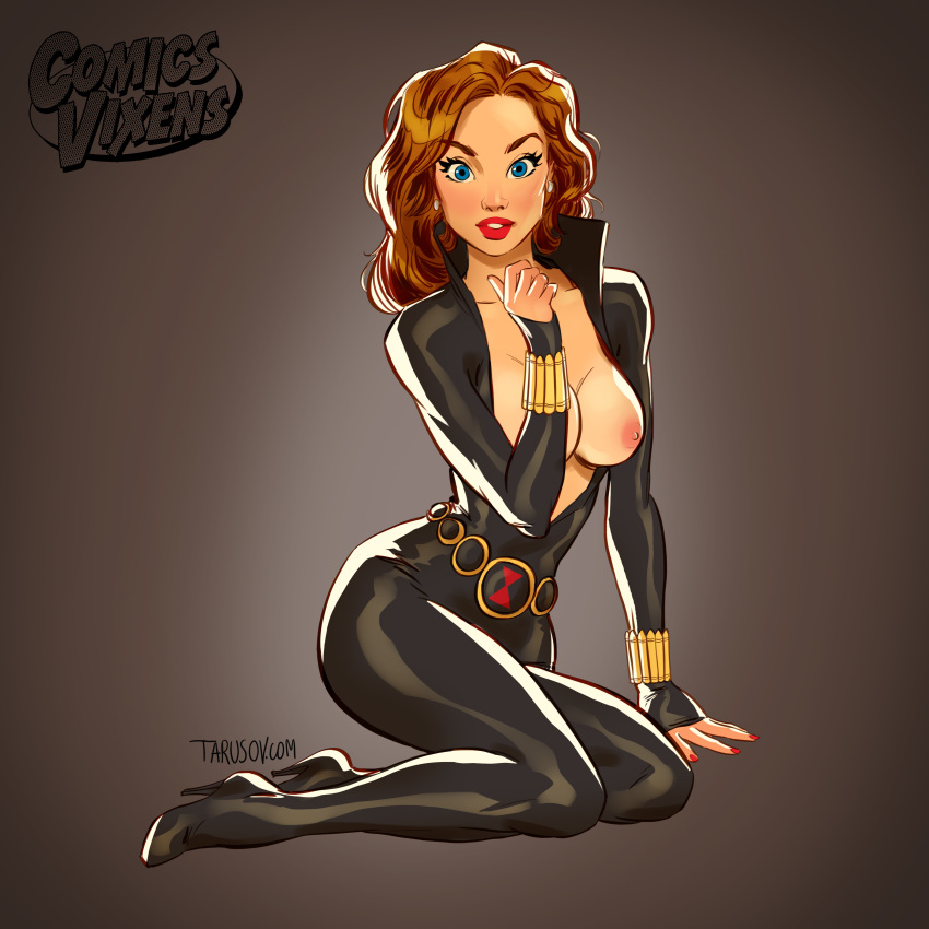 andrew_tarusov artist_name belt black_background black_bodysuit black_widow_(marvel) blue_eyes bodysuit breasts breasts_out earrings english english_text female female_only high_heels high_resolution hips human human_only jewelry legs light-skinned_female light_skin lipstick long_hair looking_at_viewer makeup marvel marvel_comics medium_breasts nail_polish natasha_romanoff nipples pinup red_hair shiny shoes signature simple_background sitting skin_tight solo solo_female stud_earrings superhero superheroine text thighs tight_clothes unzipped unzipped_bodysuit very_high_resolution voluptuous