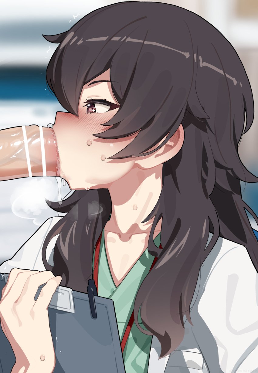 1boy absurdres ameku_takao ameku_takao_no_suiri_karte bar_censor black_hair blurry blurry_background censored commentary_request doctor fellatio female heart heart-shaped_pupils highres male medium_hair mizumizuni oral penis red_eyes solo_focus straight sucking symbol-shaped_pupils upper_body