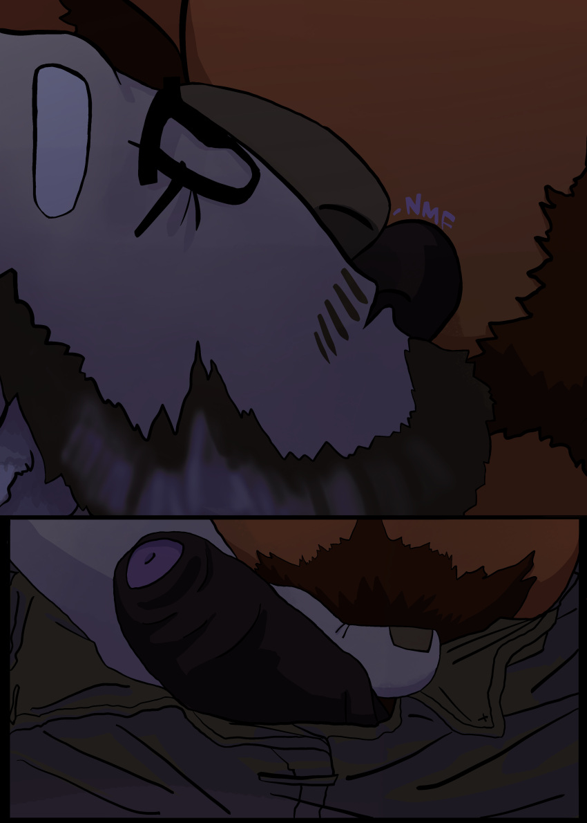 absurd_res anthro bear beard belly big_ears big_penis body_hair bottomwear chase_the_bear clothing denim denim_bottomwear denim_clothing duo eli_the_koala eyewear facial_hair foreplay forest fur genitals glasses grey_body grey_fur grey_hair hair hi_res jeans kissing koala male male/male mammal marsupial moronsuka nevel nipples nude pants penis plant touching_penis tree vombatiform