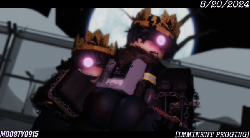 1boy 1girls 2024 3d ass ass_grab big_ass black_gloves black_hair black_jacket blue_pants blush chains clothed clothed_female clothed_male crown dated decaying_winter discord_tag embarrassed female femboy fence fully_clothed fully_clothed_female fully_clothed_male fur_trim gloves hand_on_ass imminent_pegging jacket jeans letterbox letterboxed lock looking_at_viewer looking_back male moon moosty night night_vision_goggles open_mouth outdoors padlock pants purple_hair radio roblox roblox_game robloxian short_hair sledge_king sledge_queen smile tactical_vest two_tone_hair vest