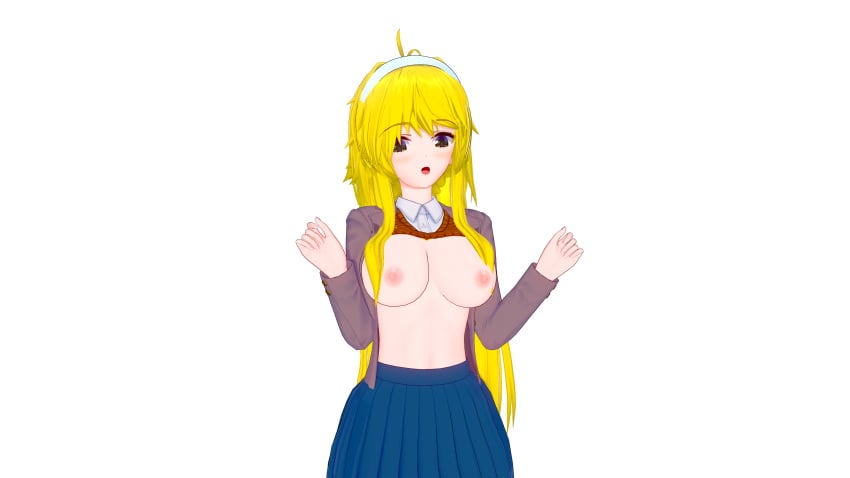 3d big_breasts blonde_hair boobs_out cute_girl doki_doki_literature_club fan_character himedere kaori_(doki_doki_literature_club) koikatsu rich_girl shirt_lift shocked_expression wide-eyed