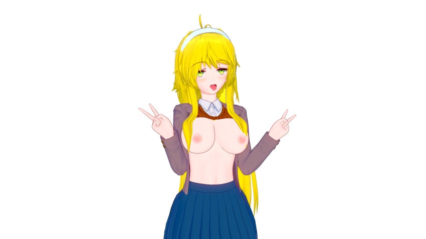 3d ahe_gao ahegao_face big_breasts blonde_hair blush boobs_out breasts doki_doki_literature_club double_v green_eyes kaori_(doki_doki_literature_club) koikatsu looking_at_viewer nipples open_mouth peace_sign shirt_lift tongue_out v