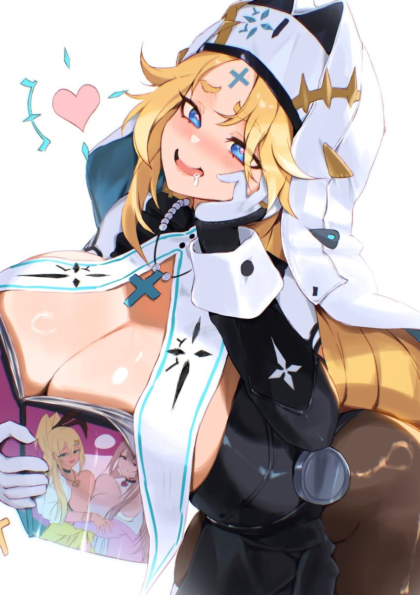 black_dress black_pantyhose blonde_hair blue_eyes boobs_in_book_(meme) book breasts commentary covering_breasts covering_privates cross cross_facial_mark cross_necklace dress drooling english_commentary facial_mark female female_pervert gloves goddess_of_victory:_nikke heart heart-shaped_pupils highres hirosenpai holding holding_book huge_breasts jewelry long_hair meme mouth_drool necklace no_bra nun pantyhose pervert rapunzel_(nikke) rapunzel_(pure_grace)_(nikke) rupee_(nikke) simple_background solo symbol-shaped_pupils topless veil very_long_hair viper_(nikke) white_background white_gloves white_veil