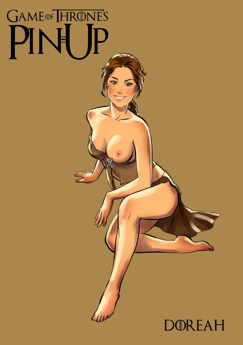 1girls a_song_of_ice_and_fire andrew_tarusov artist_name bare_shoulders barefoot blue_eyes breasts brown_hair character_name cleavage copyright_name covered_breasts doreah english english_text feet female female_only game_of_thrones high_resolution hips human legs long_hair looking_at_viewer medium_breasts nipples one_breast_out ponytail signature simple_background sitting skirt smile solo text thighs tied_hair toes undressing very_high_resolution