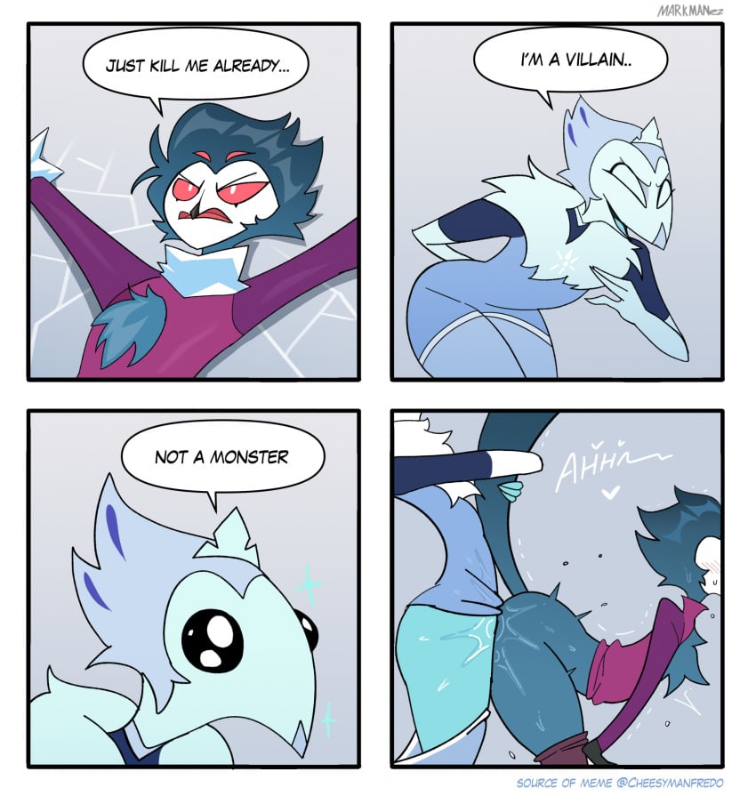 2boys andrealphus_(helluva_boss) anthro anthro_on_anthro anthro_penetrated anthro_penetrating anthro_penetrating_anthro avian beak big_ass biped bird blue_body blue_eyes comic demon dialogue doggy_style doggystyle duo english_text femboy femboy_dilf funny gay grey_body helluva_boss hi_res humor i'm_a_villain_not_a_monster male male/male male_penetrated male_penetrating male_penetrating_male markmanez meme open_mouth owl penetration red_sclera sex side_view speech_bubble standing stolas_(helluva_boss) tagme text white_eyes yaoi