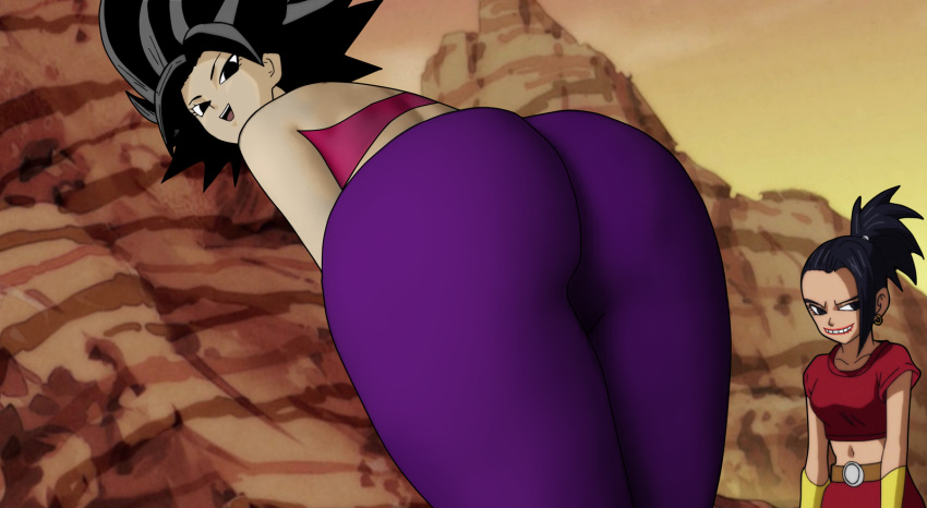 2girls ass ass_focus big_ass black_eyes black_hair breasts caulifla clothed clothes dragon_ball dragon_ball_super fat_ass female female_only goeniz huge_ass kale light-skinned_female light_skin long_hair looking_at_viewer looking_back multiple_females multiple_girls saiyan smile spiky_hair thick_thighs