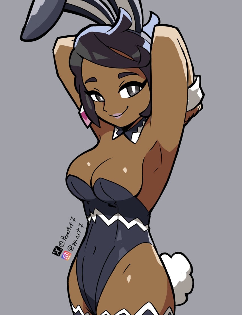 1girls arms_behind_head black_hair bunny_ears bunnysuit dark-skinned_female dark_skin female nintendo olivia_(pokemon) pepeart pokemon pokemon_sm short_hair smile solo