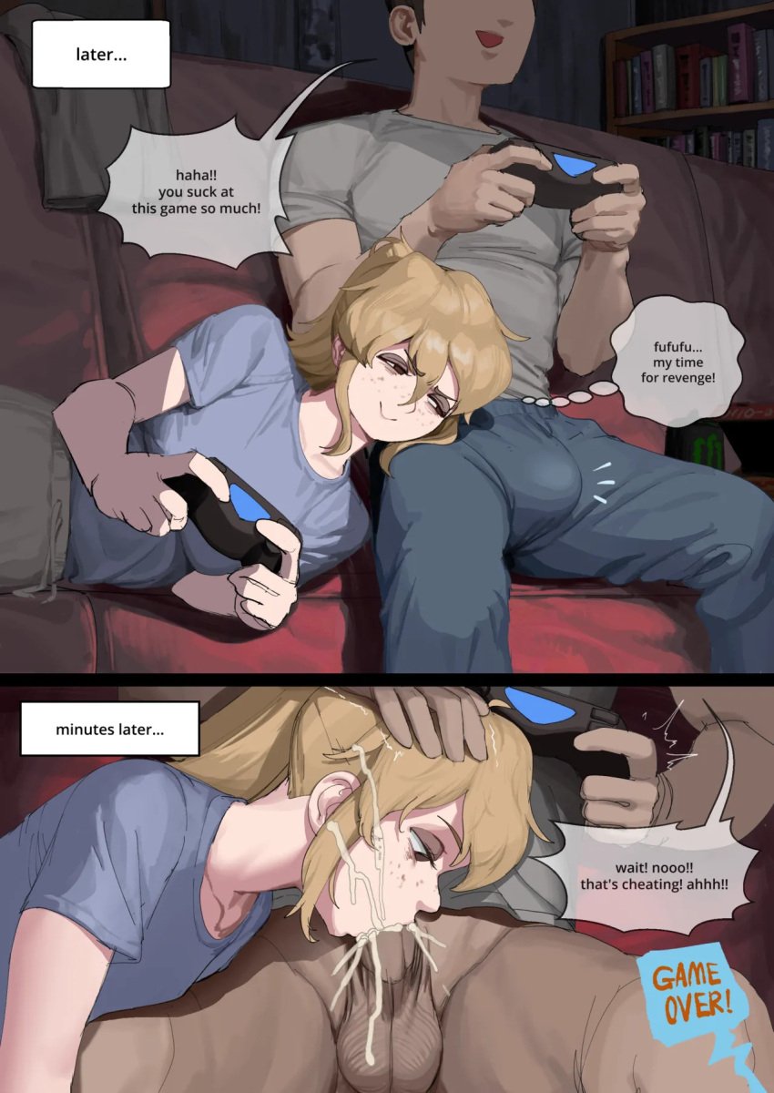 1boy 1girls ashbie ashbiemoon asperger aspie aspie-chan autism autistic blonde_hair blowjob bottomless breasts comic cum cum_in_mouth cum_inside fellatio female gaming hand_on_head large_penis light-skinned_female male medium_breasts multitasking sex tagme text wjs07