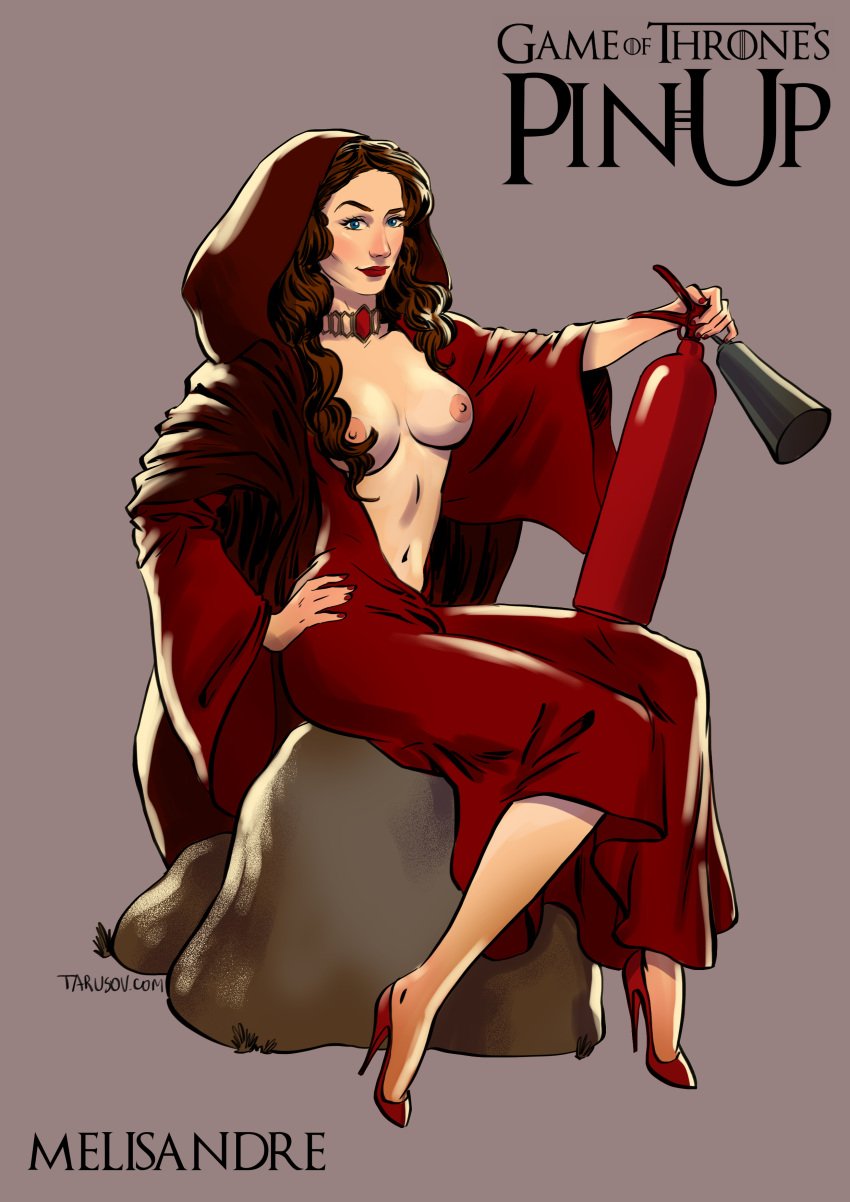 a_song_of_ice_and_fire andrew_tarusov artist_name belly blue_eyes breasts character_name cloak copyright_name dress english english_text female female female_only footwear game_of_thrones high_heels high_resolution hips holding_object hood human jewelry legs lipstick long_dress long_hair makeup medium_breasts melisandre nail_polish navel necklace nipples red_dress red_footwear red_hair red_shoes shoes signature simple_background sitting solo stomach text thighs very_high_resolution witch