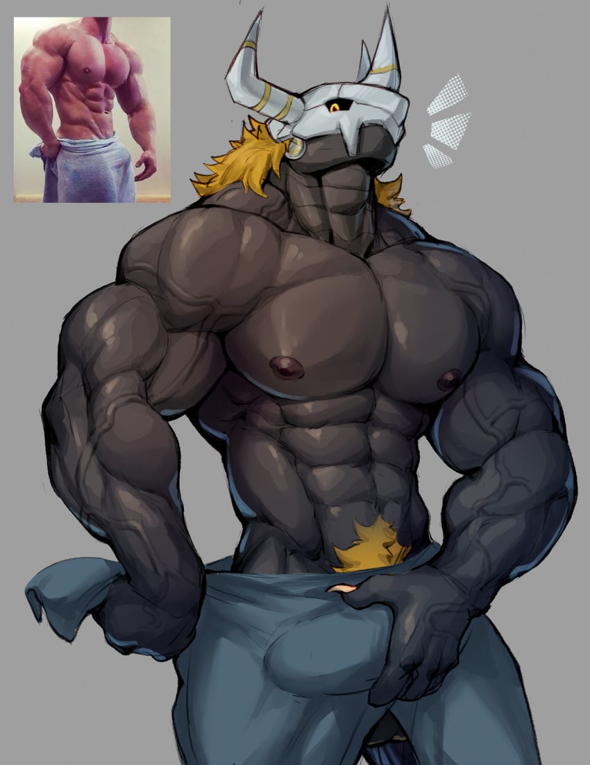 2025 abs anthro armor balls bandai_namco bar_emanata barazoku biceps big_biceps big_bulge big_muscles biped black_nipples blackwargreymon blonde_hair blonde_pubes bodily_fluids bulge colored colored_line_art dark_nipples detailed_bulge digimon digimon_(species) digital_drawing_(artwork) digital_media_(artwork) dragon emanata erection genital_outline genitals grey_background hair hand_on_bulge hand_on_own_bulge headgear headgear_only helmet helmet_only hi_res holding_object holding_towel horn horned_helmet huge_muscles looking_at_viewer male manly meme mixterart monotone_background monotone_body mouth_closed muscular muscular_anthro muscular_arms muscular_male mythological_creature mythological_scalie mythology nipples non-mammal_balls non-mammal_nipples nude nude_anthro nude_male orange_body pecs penis_outline photo_reference portrait pubes reference_image scalie shaded simple_background solo standing thick_arms three-quarter_portrait towel towel_around_waist towel_only vein veiny_arms veiny_hands veiny_muscles wingless_dragon yellow_eyes