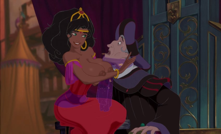 1boy 1girls areolae black_hair bracelet breasts breasts_out dark-skinned_female dark_skin disney dress duo edit editfag esmeralda female hoop_earrings huge_breasts human judge_claude_frollo lipstick long_hair male nipples partially_nude puffy_nipples screenshot screenshot_edit smile tagme the_hunchback_of_notre_dame