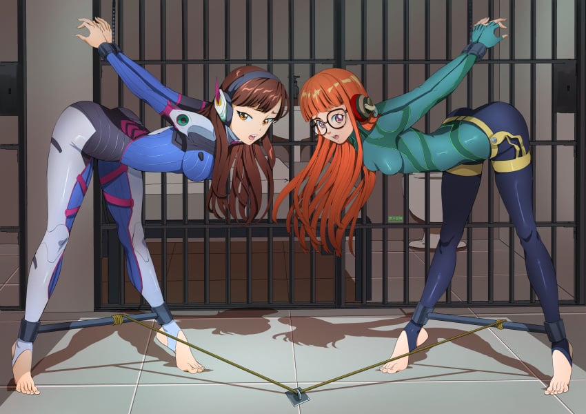 2d 2d_(artwork) apocalipsejack atlus blizzard_entertainment bondage bound bound_together brown_hair captured d.va female female_focus female_only femsub headphones human human_only light-skinned_female light_skin orange_hair overwatch overwatch_2 persona persona_5 persona_5_royal sakura_futaba