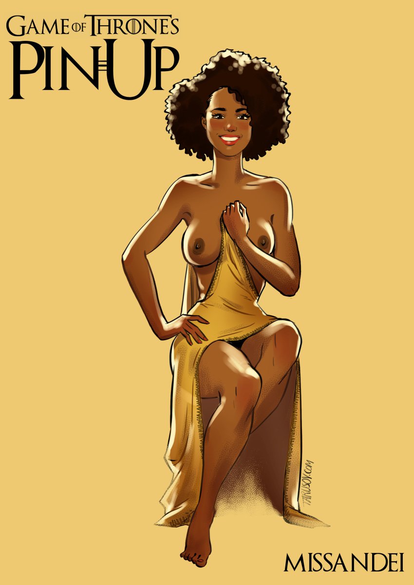 1girls afro andrew_tarusov artist_name bare_shoulders barefoot big_hair black_hair blush breasts character_name copyright_name dark-skinned_female dark_skin dress english english_text feet female female_only game_of_thrones high_resolution hips human human_only legs lipstick long_dress long_hair looking_at_viewer makeup medium_breasts missandei nathalie_emmanuel nipples signature simple_background sitting solo text thighs toes undressing very_high_resolution yellow_background yellow_dress