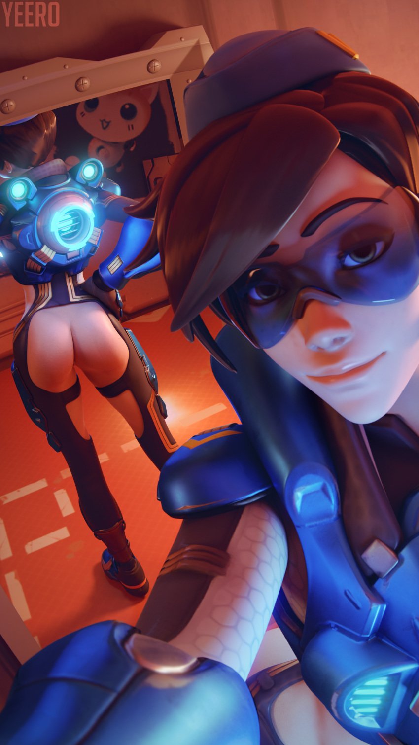 3d alternate_costume artist_name ass blender cadet_oxton female female_only garrison_cap light-skinned_female light_skin looking_at_viewer no_panties overwatch pale-skinned_female pale_skin pussy selfie solo tracer watermark yeero