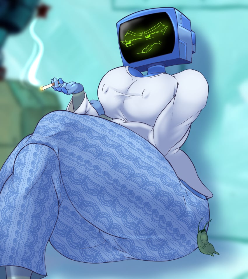 absurd_res anthro big_breasts blurred_background breasts cigarette cleavage clothed clothing duo extreme_size_difference female forbidden_pants frown hi_res huge_breasts humanoid karen_plankton machine male male/female marine micro nickelodeon nipple_outline plankton_(species) robot robot_humanoid screen screen_face sheldon_j._plankton size_difference sleeping spongebob_squarepants teenagebratwurst