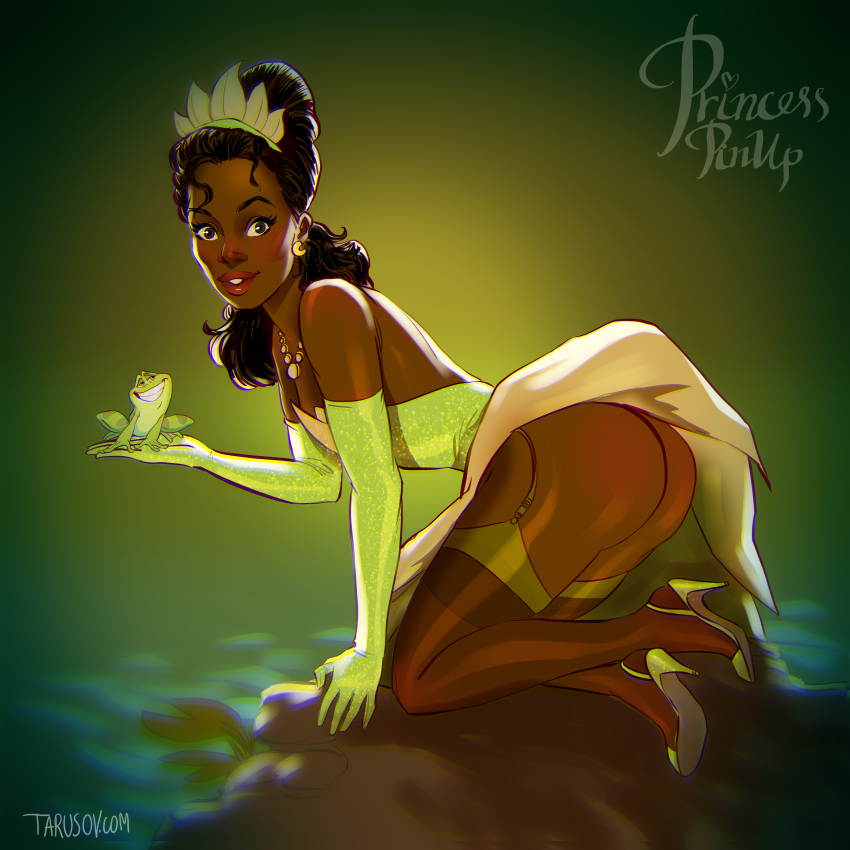 1girls andrew_tarusov animal artist_name ass bare_shoulders breasts brown_eyes brown_hair brown_legwear brown_stockings brown_thighhighs covered_breasts dark-skinned_female dark_skin disney disney_princess dress earrings elbow_gloves english english_text fairy_tales feet female female_only footwear frog frog_prince garter_straps gloves gold_heels green_background green_dress green_footwear green_gloves green_shoes green_skin hair_bun hair_ornament high_heels high_resolution hips human jewelry legs legwear lingerie lipstick literature long_hair looking_at_viewer makeup medium_breasts necklace prince prince_naveen princess public_domain reptile shoes signature simple_background solo stockings strap text the_princess_and_the_frog thighhighs thighs tiana tied_hair underwear very_high_resolution