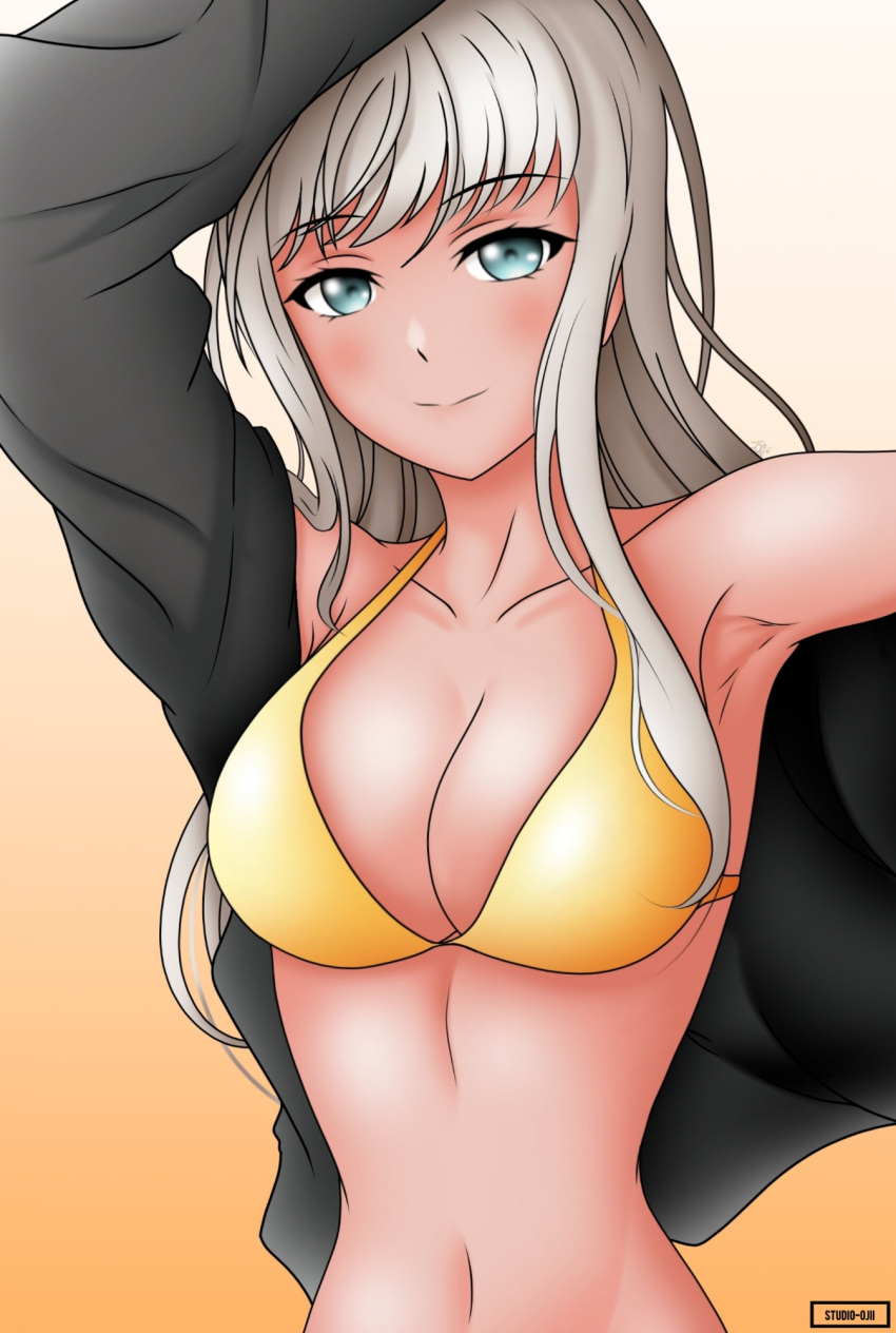 armpits arms_up big_breasts blue_eyes blush bra breasts coat d4dj female grey_hair looking_at_viewer matsuyama_dalia studio-ojii watermark