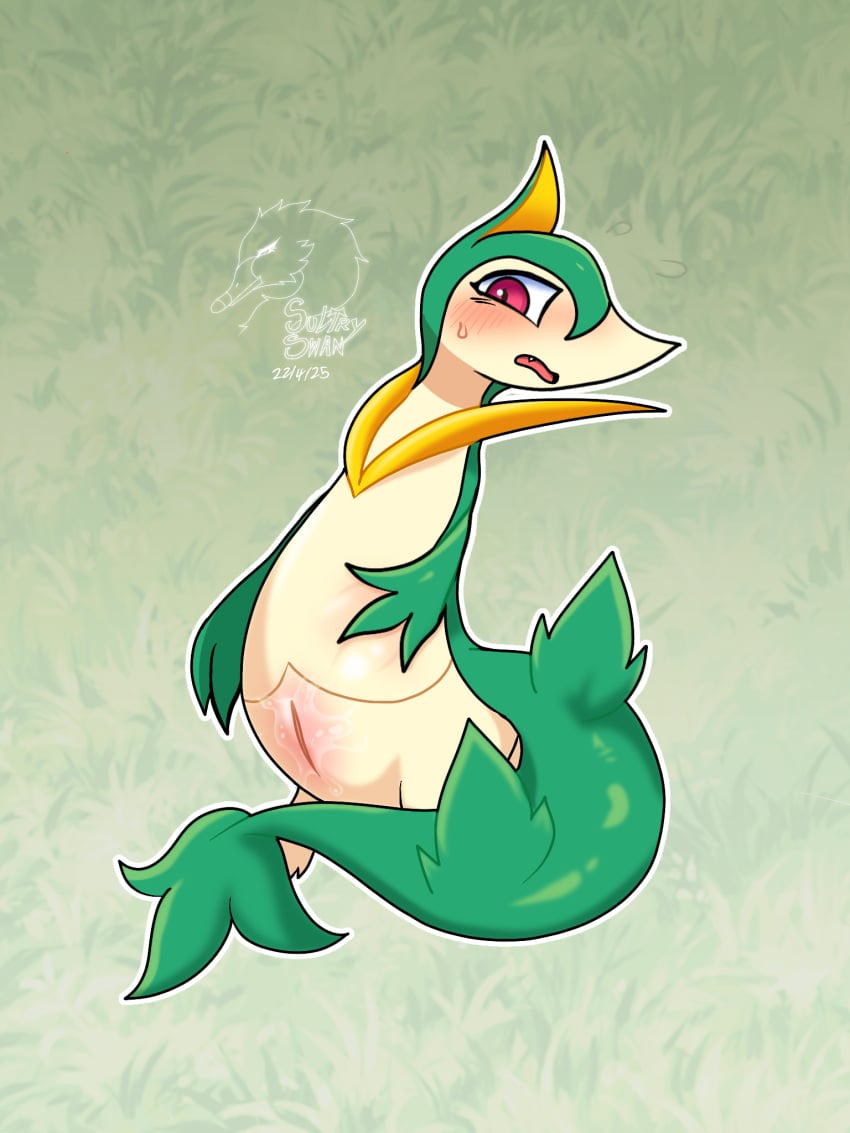 2025 3:4 animal_genitalia anthro blush bodily_fluids body_blush cum digital_media_(artwork) embarrased_horny embarrassed female generation_5_pokemon genital_fluids genital_slit genitals hi_res ibispaint_(artwork) nintendo nude open_mouth outline pokemon pokemon_(species) procreate_(artwork) pussy pussy_blush servine solo sultryswan sweat sweatdrop tail