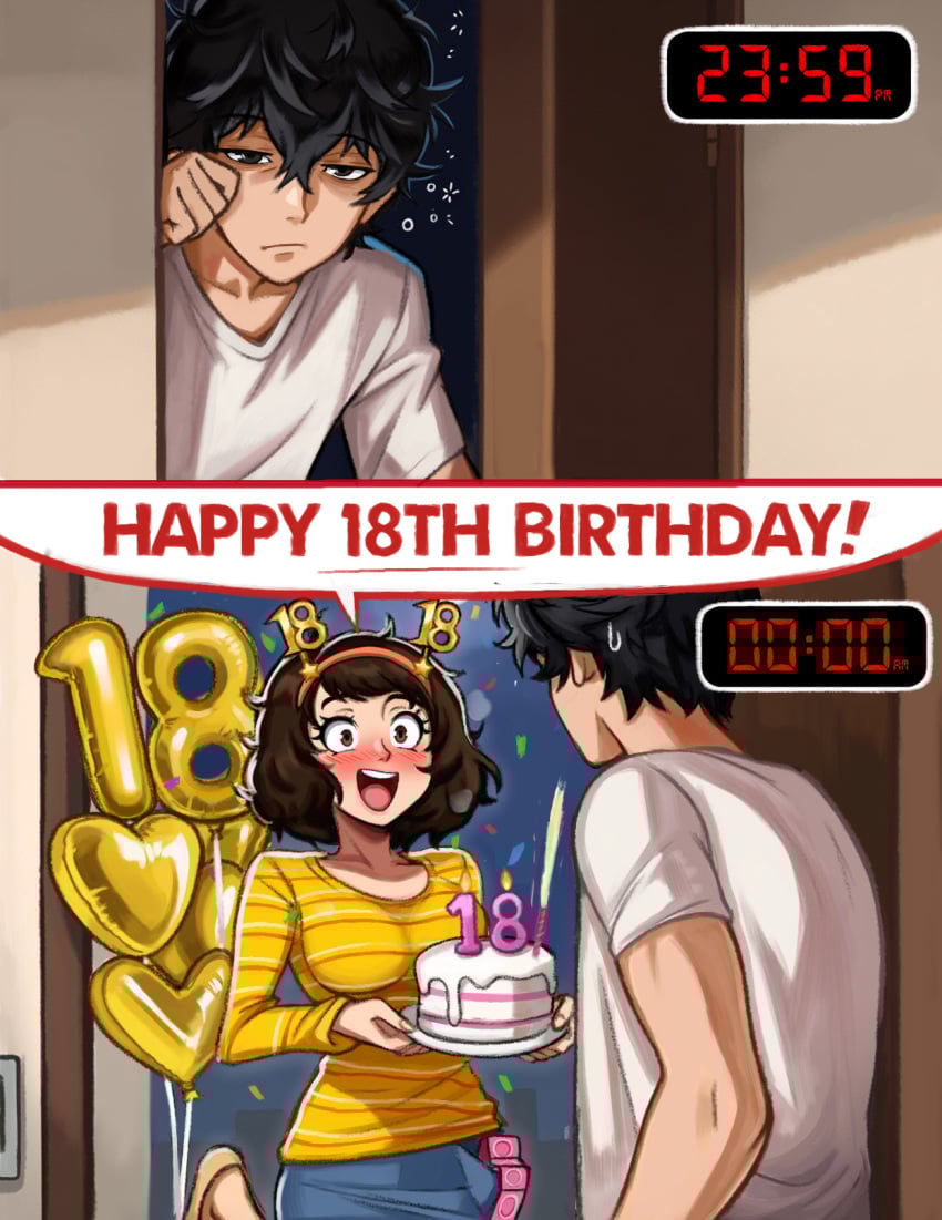 1boy 1girls age_difference birthday cake condom dubious_consent female imminent_sex joker_(persona) male neggoartz persona persona_5 ren_amamiya sadayo_kawakami somewhat_wholesome straight wholesome