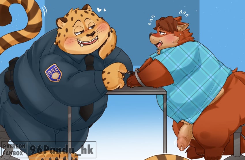 2025 96panda anthro belly benjamin_clawhauser big_belly blush bodily_fluids bottomwear brown_body canid canine cheetah clothing cuff_(restraint) disney duo felid feline fox genital_fluids gideon_grey handcuffs heart_symbol hi_res kemono male male/male mammal metal_cuffs necktie open_mouth overweight overweight_male pants police police_uniform precum restraints shirt topwear uniform zootopia