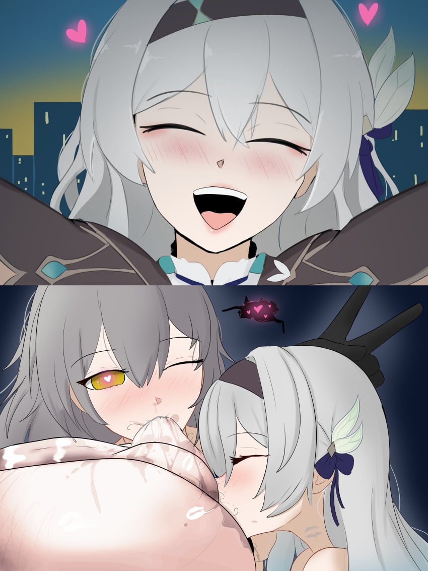 1boy 2girls absurdres anilingus ball_sucking before_and_after blue_plate_special caelus_(honkai:_star_rail) cooperative_fellatio fellatio firefly_(honkai:_star_rail) heart heart-shaped_pupils highres honkai:_star_rail interracial kiss_mark large_testicles lipstick_mark lipstick_on_penis lord_dante multiple_girls penis pubes pubic_hair rainbow_party rimming rimming_male saliva saliva_drip stelle_(honkai:_star_rail) teamwork v