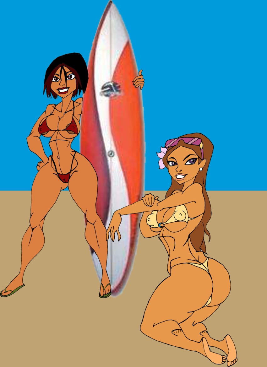 2girls aged_up areola_slip arms_up ass_cleavage back_view bad_anatomy bangs bare_shoulders barefoot big_ass big_breasts bikini bikini_bottom bikini_top bob_cut brown_eyes busty butt_crack caglioro3666 cleavage curvy dat_ass detailed_background duo ear_piercing earrings erect_nipple erect_nipples eyeshadow female female_only flip-flops flower front_view g-string ginger hair_ornament hand_on_hips hands_on_hip hands_on_hips holding_object hourglass_figure human kelly_(stoked) kneeling lo_ridgemount long_hair looking_at_viewer low_quality makeup micro_bikini midriff multiple_females multiple_girls nipple_bulge photoshop piercing purple_eyes red_hair sandals short_hair skimpy smiling standing stoked string_bikini sunglasses surfboard swimsuit teenage thong underboob very_long_hair voluptuous wide_hips