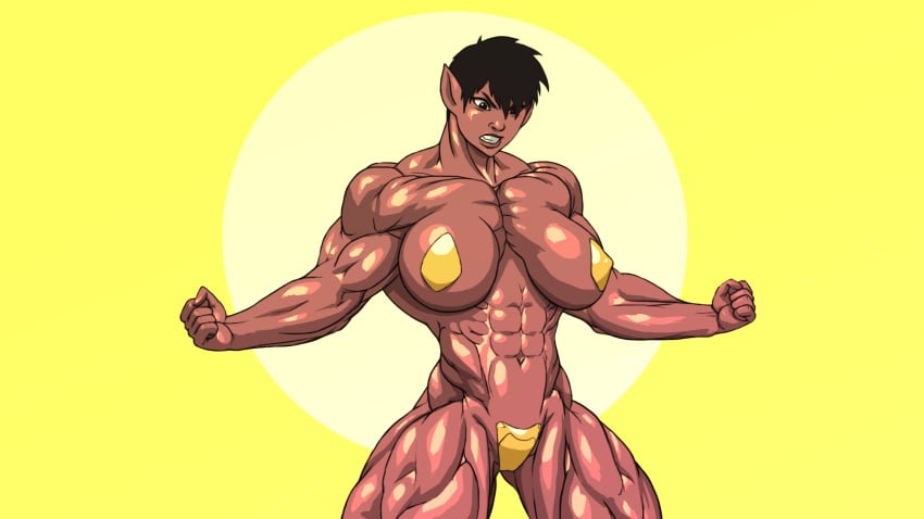 abs animated big_muscles black_hair breasts comicspurts expansion extreme_muscles female growth jugie large_breasts muscle_growth muscles muscular muscular_female navel pointy_ears pumpfactory short_hair solo veins