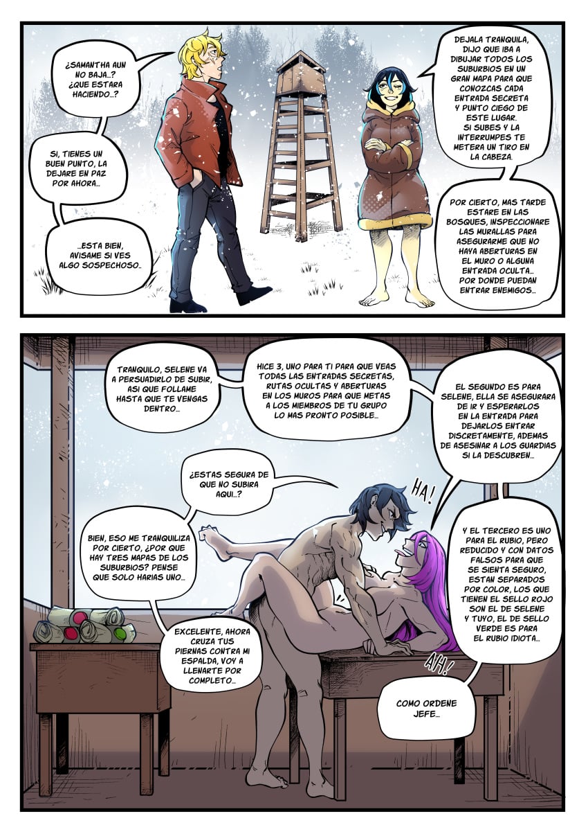 against_table crow_art cuckolding el_diario_de_jonathan looking_at_partner netorare ntr salomon_(eddj) samantha_cortez selene_(eddj) spanish_text stealth_sex text_box text_bubble tongue_out