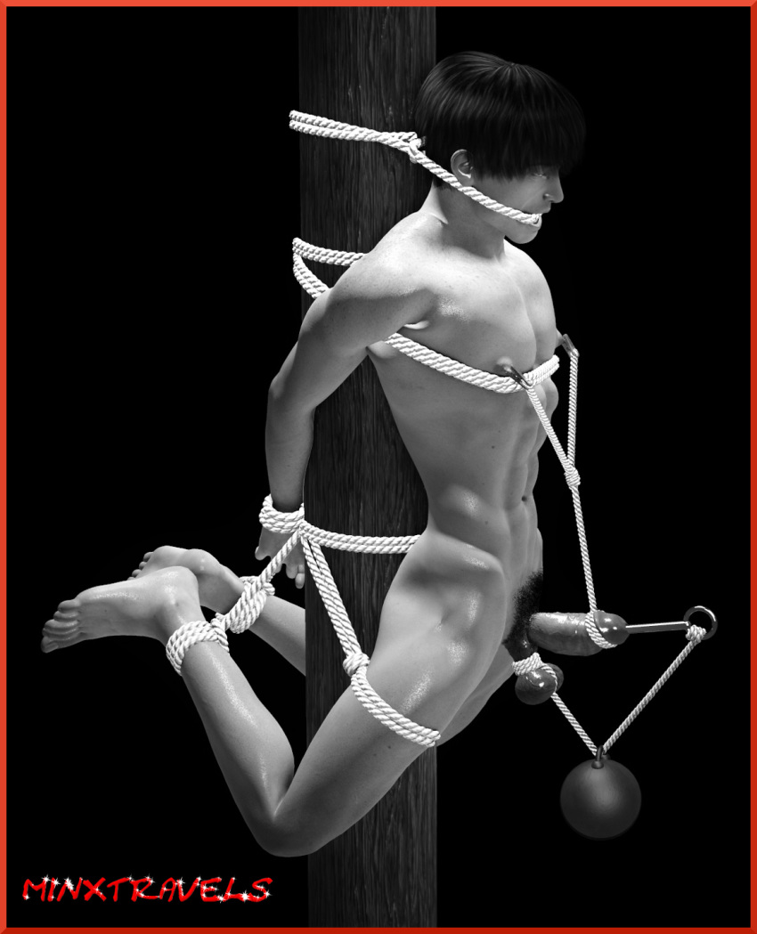 1boy 3d barefoot black_and_white bondage bound_ankles bound_penis bound_wrists cock_and_ball_torture gag gay male_only male_urethral_insertion minxtravels nipple_clamps nipples penis pubic_hair rope testicles torture urethral urethral_insertion urethral_torture weight wrists_to_ankles yaoi