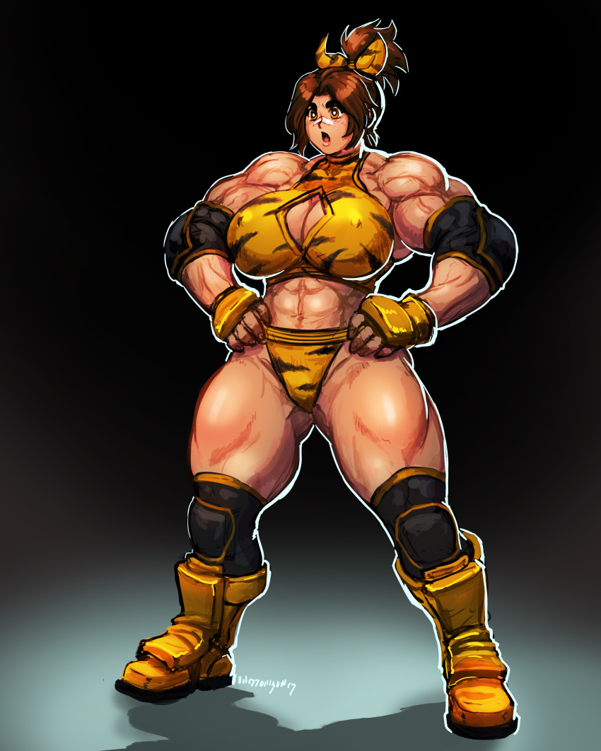 abs bandage benjamin_widdowson big_muscles boots breasts brown_eyes brown_hair cleavage cleavage_cutout female fingerless_gloves gloves huge_muscles large_breasts muscles muscular_female ponytail solo thick_thighs wrestling