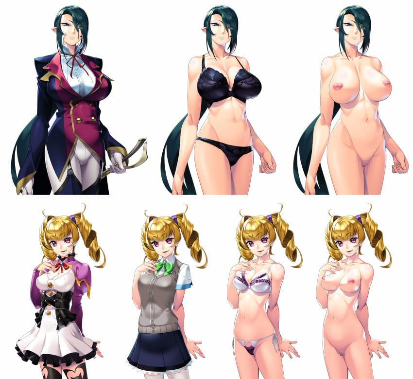 2girls black_bra black_panties blonde_hair blue_eyes bra breasts buttons cardigan censored charlotte_buettenfelt drill_hair gokkun_vampire_princess green_hair hair_over_one_eye highres large_breasts long_hair makina_echidna mosaic_censoring multiple_girls nana_g nipples nude open_mouth panties pointy_ears purple_eyes school_uniform side-tie_panties skirt small_breasts smile twin_drills underwear unhappy_female