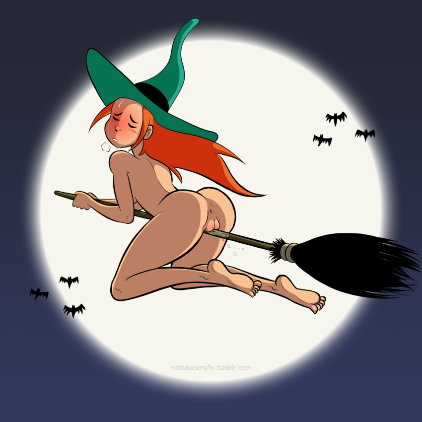 anus barefoot broom dripping feet female female_only headwear hotsaucensfw human melusine_(spirou_magazine) moaning pale_skin pussy_juice red_hair rubbing soles spirou_magazine toes wet witch witch_broom witch_hat