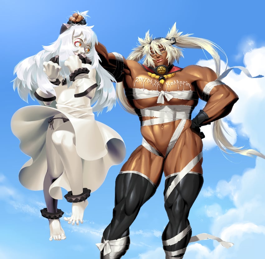 barefoot big_muscles brown_eyes brown_skin feet fingerless_gloves gloves kakkarin kantai_collection long_hair musashi_(kantai_collection) muscles muscular_female navel northern_ocean_hime ponytail red_eyes scared shinkaisei-kan thick_thighs twintails white_hair white_skin