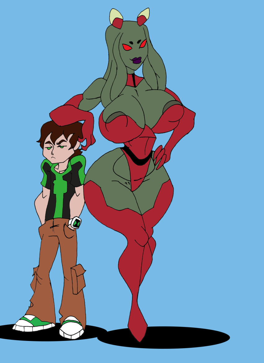 1boy 1girls age_difference alien alien_girl areola_slip bare_shoulders ben_10 ben_10_omniverse ben_tennyson big_breasts brown_hair busty caglioro3666 chimera_sui_generis cleavage curvy duo elbow_gloves erect_nipples female footwear front_view gloves green_eyes hair_ornament height_difference hourglass_figure human humanoid interspecies legwear leotard male mature myaxx pose posing purple_lips red_eyes red_footwear red_gloves red_legwear red_stockings shadow shoes simple_background stockings straight teenage tentacle tied_hair voluptuous wide_hips