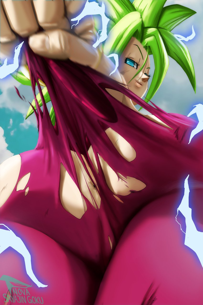 absurdres anus artist_name ass blue_eyes blue_sky cloud dragon_ball dragon_ball_super electricity female from_below green_hair highres kefla legendary_super_saiyan leggings lips novasayajingoku sky smile spiked_hair super_saiyan super_saiyan_2 tearing_clothes torn_clothes universe_6_girls