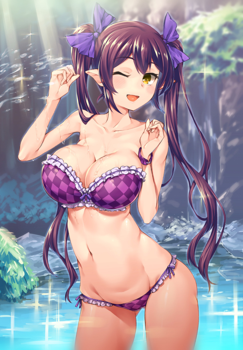 1girls ;d akanagi_youto bangs bikini blush breasts brown_hair cleavage female female_only hatate_himekaidou large_breasts looking_at_viewer open_mouth pointy_ears ribbon shiny shiny_hair solo tengu thigh_gap touhou twintails very_long_hair wet wink yellow_eyes