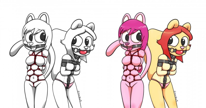 2girls anthro arms_behind_back ball_gag bondage clary_(creamgag) creamgag feline femsub gag grace_(creamgag) multiple_girls multiple_subs open_mouth_gag ring_gag rope squirrel straitjacket