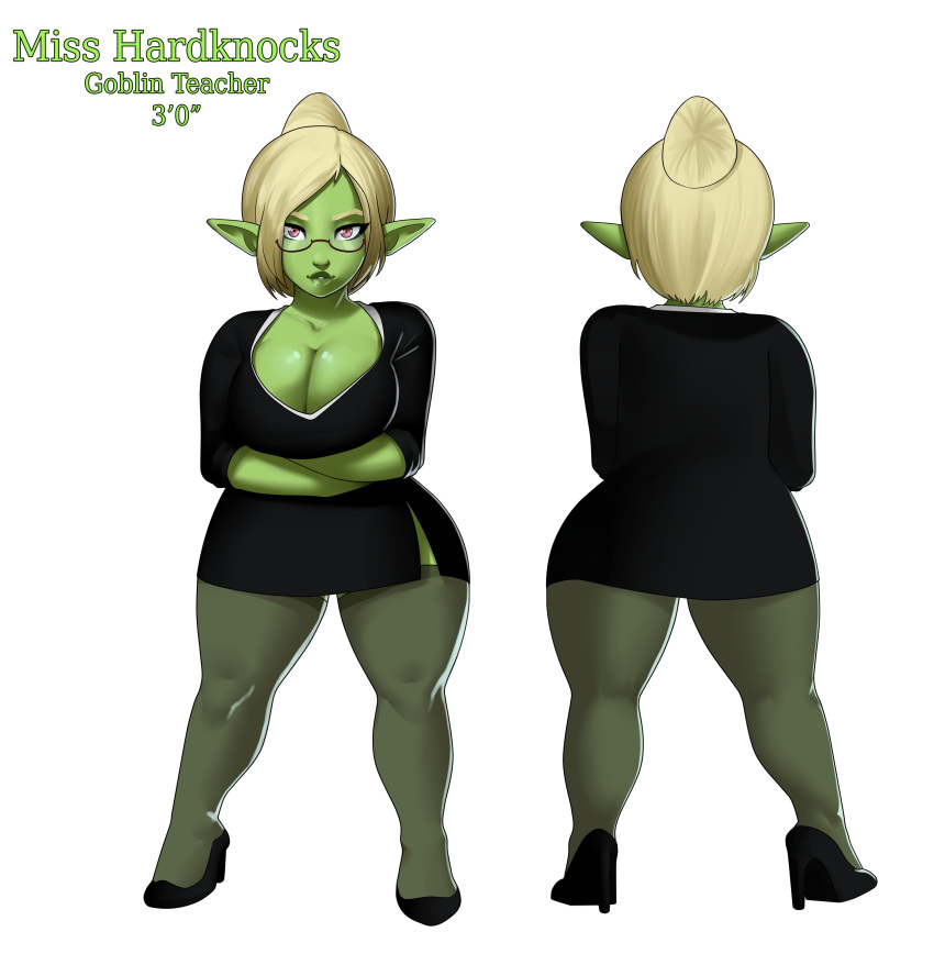 big_breasts blonde_hair breasts cleavage clothed female glasses goblin goblin_female green_skin heels hips humanoid large_breasts looking_at_viewer miss_hardknocks monster_girl original_character pointy_ears short_hair shortstack solo solo_focus stockings syntheticpotato thighhighs thighs wide_hips