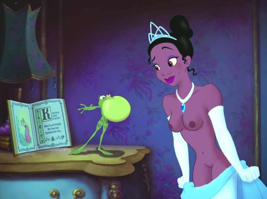 black_hair book breasts brown_eyes disney disney_princess edit female frog gloves human lipstick long_hair male necklace nipples prince_naveen pussy screenshot screenshot_edit smile the_princess_and_the_frog tiana