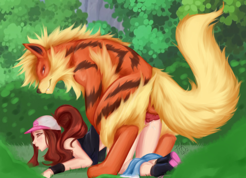 arcanine bestiality blush brown_hair canine female female_penetrated feral_on_female feral_on_human feral_penetrating feral_penetrating_female feral_penetrating_human from_behind hat hilda_(pokemon) human_female interspecies male male_pokemon/female_human nonhuman_male_on_human_female open_mouth outdoors pokemon pokemon_(species) pokephilia sex smile straight thighsocksandknots tongue_out zoophilia