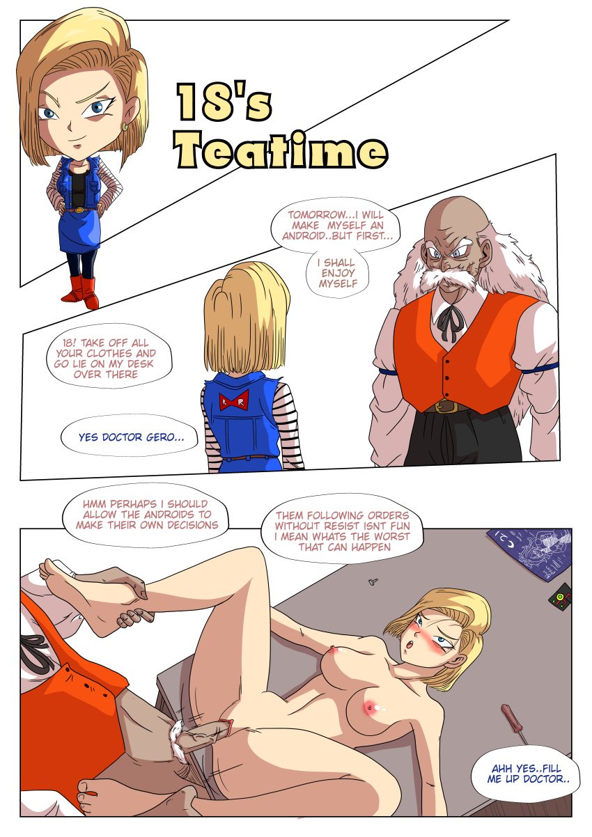 18s_teatime absurd_res age_difference android_18 blonde_female blonde_hair blue_eyes blush breasts dialogue dr_gero dragon_ball dragon_ball_z english_text female holding_ankles male male_pubic_hair motion_lines naked nude old_man on_table penis pussy recreator2099 sex shaved_pussy speech_bubble straight text vaginal_penetration