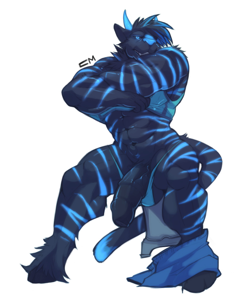 abs anthro athletic balls biceps big_muscles big_penis black_fur black_hair black_penis blue_eyes blue_fur blue_hair blue_nose blue_skin clothing cursedmarked dragon fangs feline fur furred_dragon hair half-erect hi_res hooves horn humanoid_penis hybrid kage6415 looking_at_viewer male male_only mammal markings muscular muscular_male nipples pecs penis pose reptile scales scalie shirt simple_background smile solo standing stripes teeth thick_penis tiger uncut underwear undressing vein vest white_background