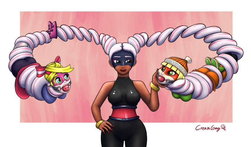 3girls arms arms_(game) ball_gag bondage creamgag dark-skinned_female dark_skin femdom femsub gag min_min_(arms) multiple_girls multiple_subs nintendo ribbon_girl straight_hair twintelle