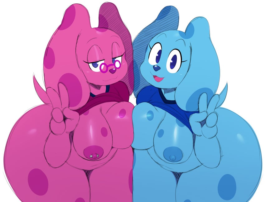 2girls anthro anthrofied blue's_clues blue_(blue's_clues) blue_eyes bottomless breasts canine clothing eyewear female female_focus female_only furry glasses magenta_(blue's_clues) nickelodeon nipple_piercing nipples shirt simple_background sssonic2 thick_thighs thighs wide_hips