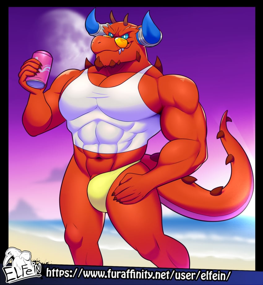 abs anthro beverage biceps can chaor chaotic clothed clothing demon elfein eyewear glasses horn looking_at_viewer male male_only manly monster muscular navel pecs penis sharp_teeth smile soda solo speedo standing swimsuit teeth thick_thighs triceps