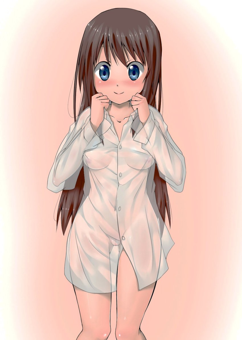 blue_eyes blush bottomless breasts brown_hair dress_shirt hanamaru_youchien highres long_hair naked_shirt nipples no_bra no_panties nurie pussy see-through shirt smile tsuchida_satsuki uncensored