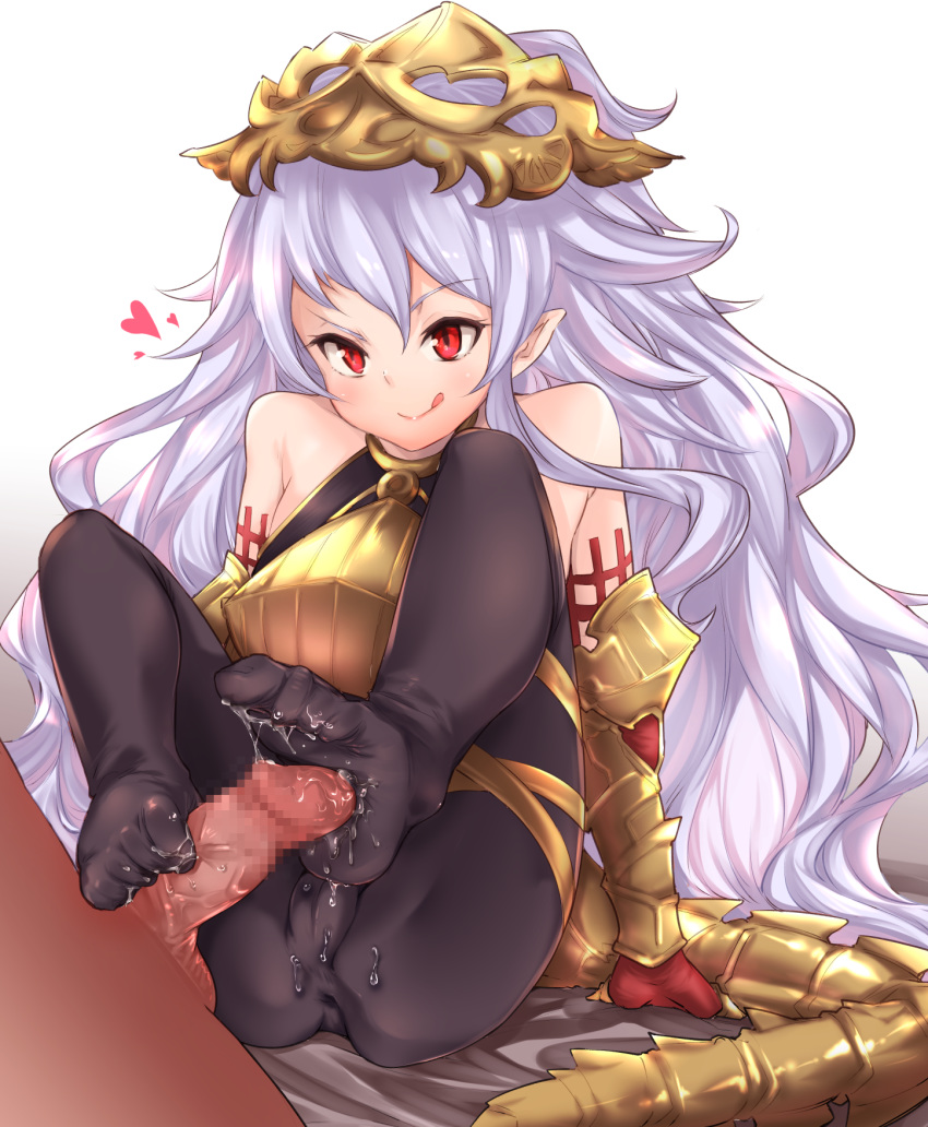 arm_support blush breasts censored elbow_gloves feet female femdom footjob footjob_with_legwear gloves highres lavender_hair licking_lips long_hair medusa_(shingeki_no_bahamut) naughty_face nishimura_nike no_shoes pantyhose penis pointy_ears red_eyes shingeki_no_bahamut small_penis smile soles solo_focus straight tail toes tongue tongue_out very_long_hair