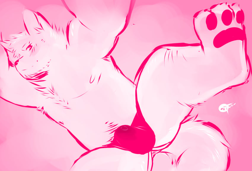 3_toes anthro anus blush body_hair bulge canine clothing happy_trail husky jockstrap male male_only mammal pawpads simple_background solo toes tohfu underwear