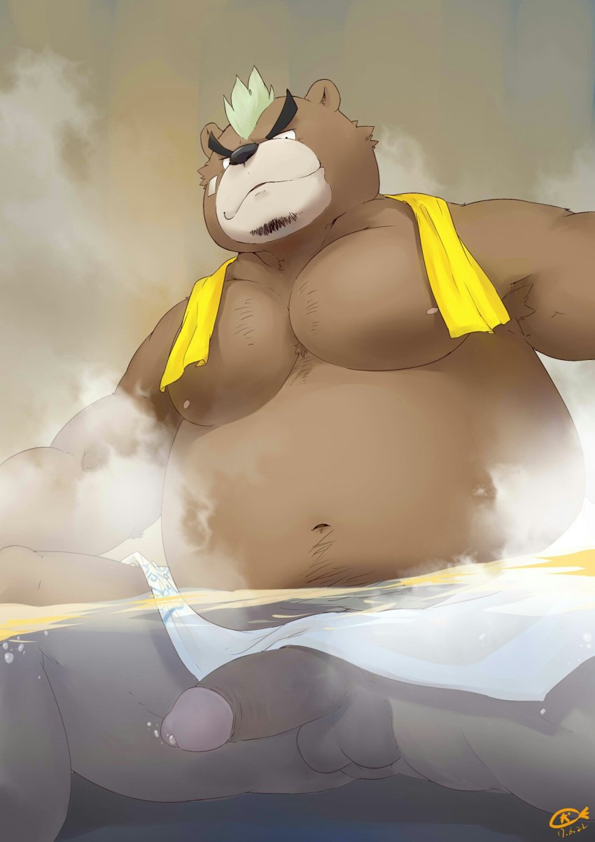 ashigara bathing bear big_penis body_hair eyebrows facial_hair happy_trail male male_only mammal mohawk musclechub penis steam tokyo_afterschool_summoners towel 秋刀鱼犬