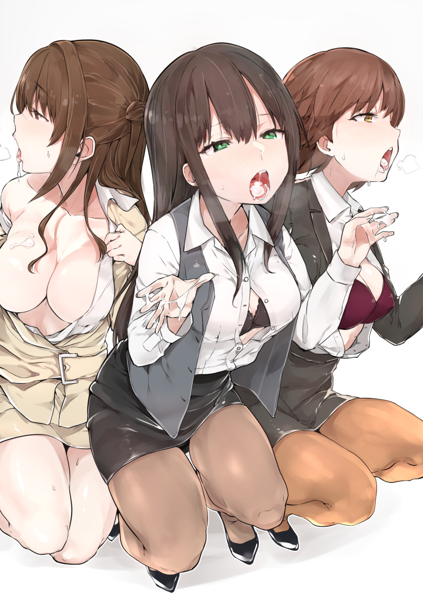 bra breasts business_suit cleavage cum honda_mio idolmaster idolmaster_cinderella_girls mitsudoue no_bra open_shirt pantyhose shibuya_rin shimamura_uzuki